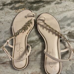 Jessica Simpson Beige Sandals with Gold Leaf Detail